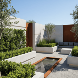 Cerca-viva de guamirim-lustroso em projeto de paisagismo contemporâneo com estética industrial em Praia Grande SP